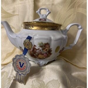 T. Limoges Vizavi Oro Fragonard Teapot Italy 24K Gold Courting Scene w/ Lid NEW
